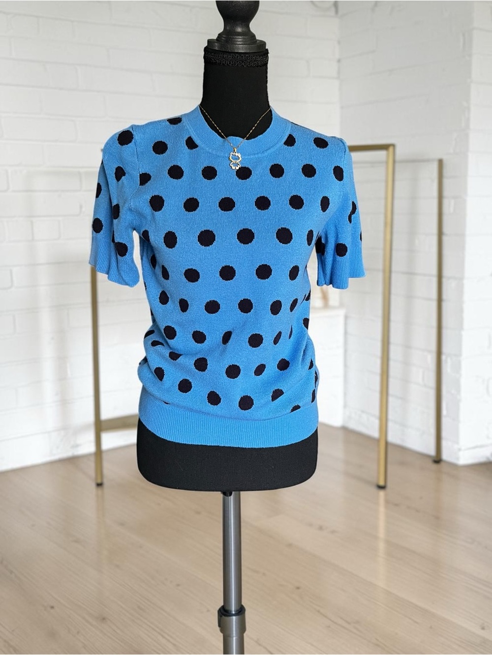 Blue Polka Dot Knit Short Sleeve Top